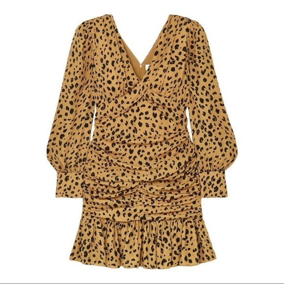 NICHOLAS Ruched Leopard Print Silk Crepe Long Sleeve Mini Dress Size US 4 - Picture 4 of 13